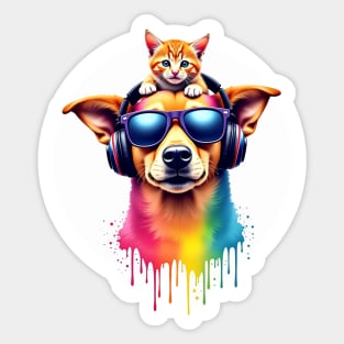 Cool dog with headphones and a cute cat on his head for both cat and dog lovers Sticker